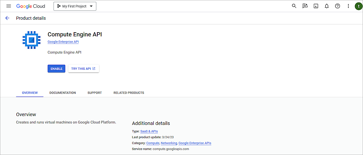 Screenshot of the enabling the Compute Engine API  in Google Cloud